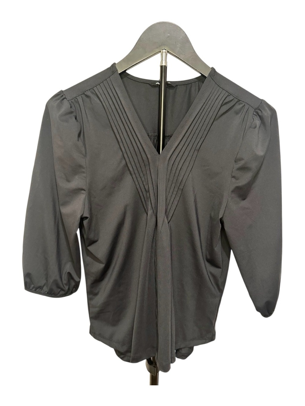 Sunnow Black Pleated V Neck 3/4 Sleeve Blouse Small Stretch Workwear Puff Sleeve